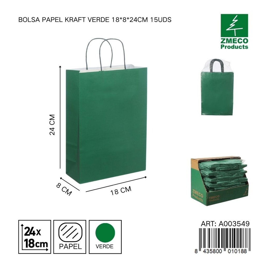 Bolsa papel kraft verde 18x8x24 cm 15 uds - Embalaje y productos de papel