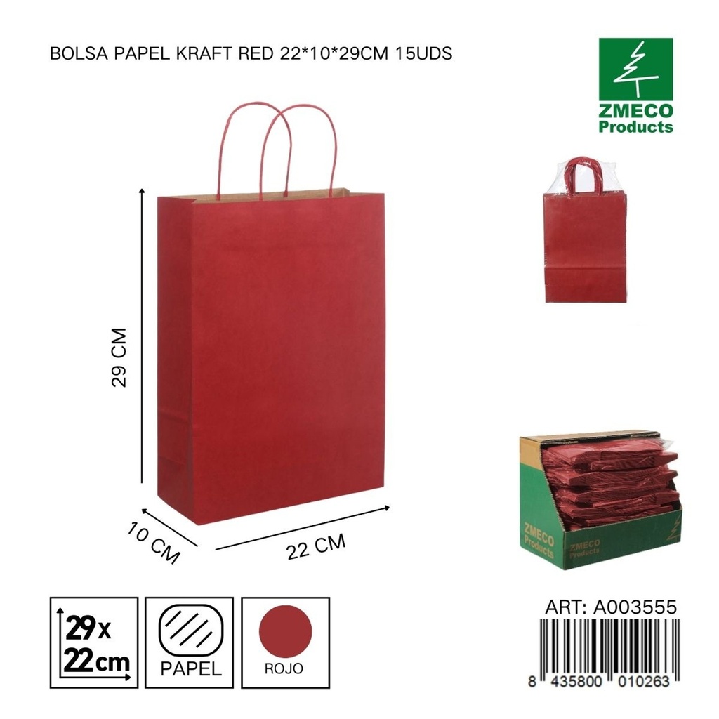 Bolsa de papel kraft roja 15 unidades 22*10*29 cm - Envíos y embalajes 