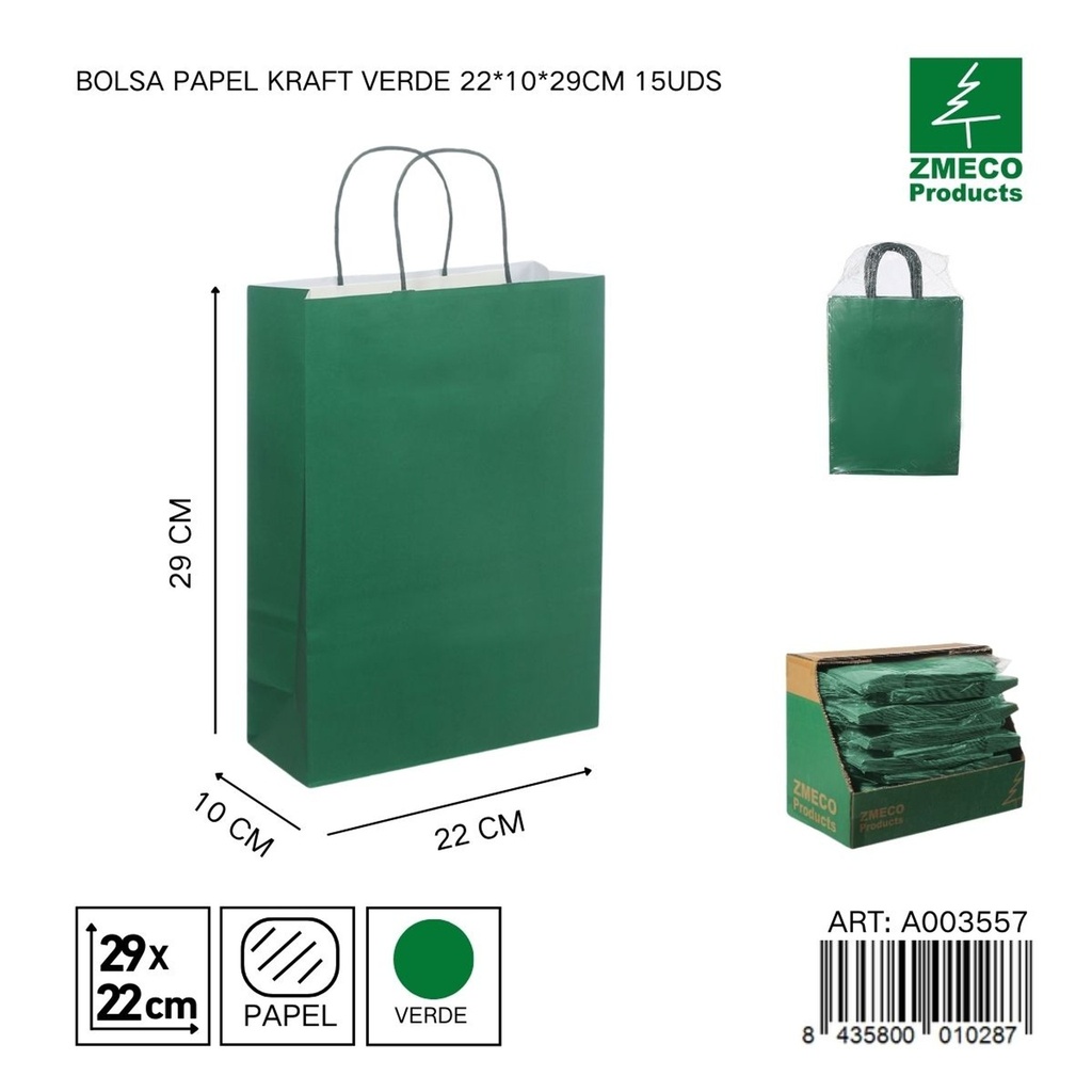 Bolsa papel kraft verde 22x10x29 cm 15 uds - Embalaje y productos de papel