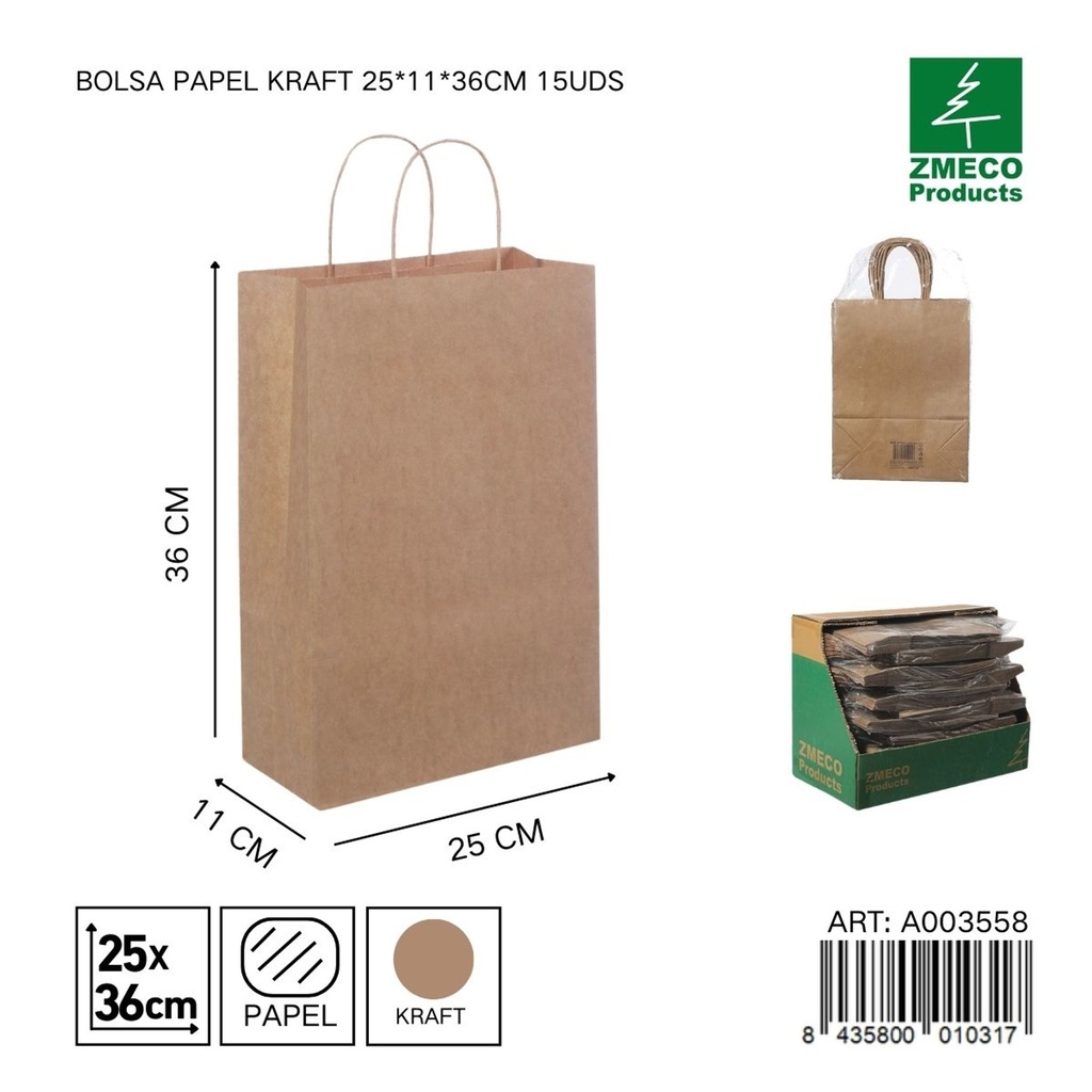 Bolsa de papel kraft 15 unidades 25*11*36 cm - Envíos y embalajes 