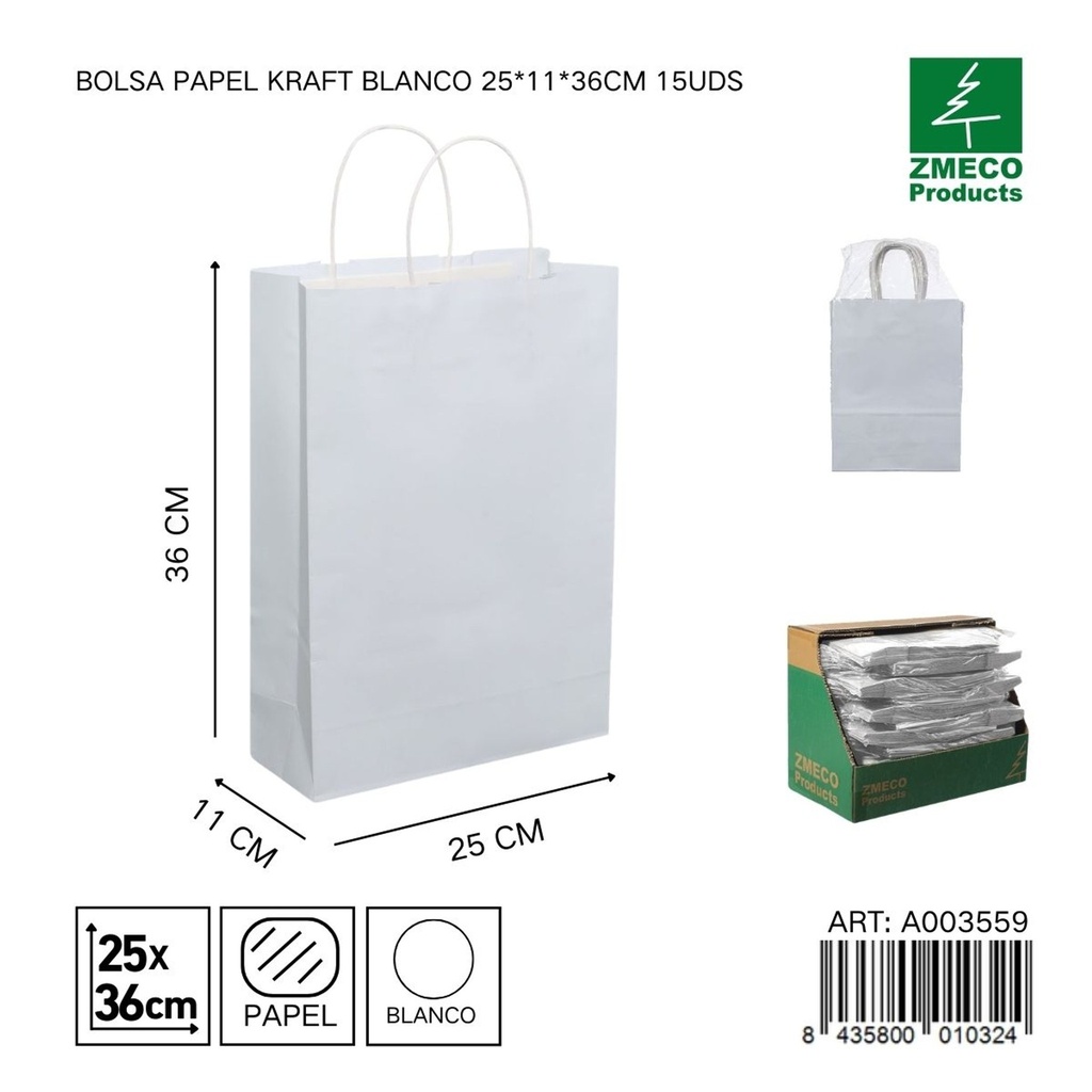 Bolsa de papel kraft blanca 15 unidades 25*11*36 cm - Envíos y embalajes 