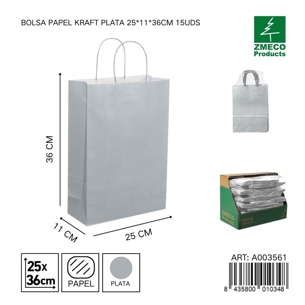 Bolsa papel kraft plata 25x11x36 cm 15 uds - Embalaje y productos de papel