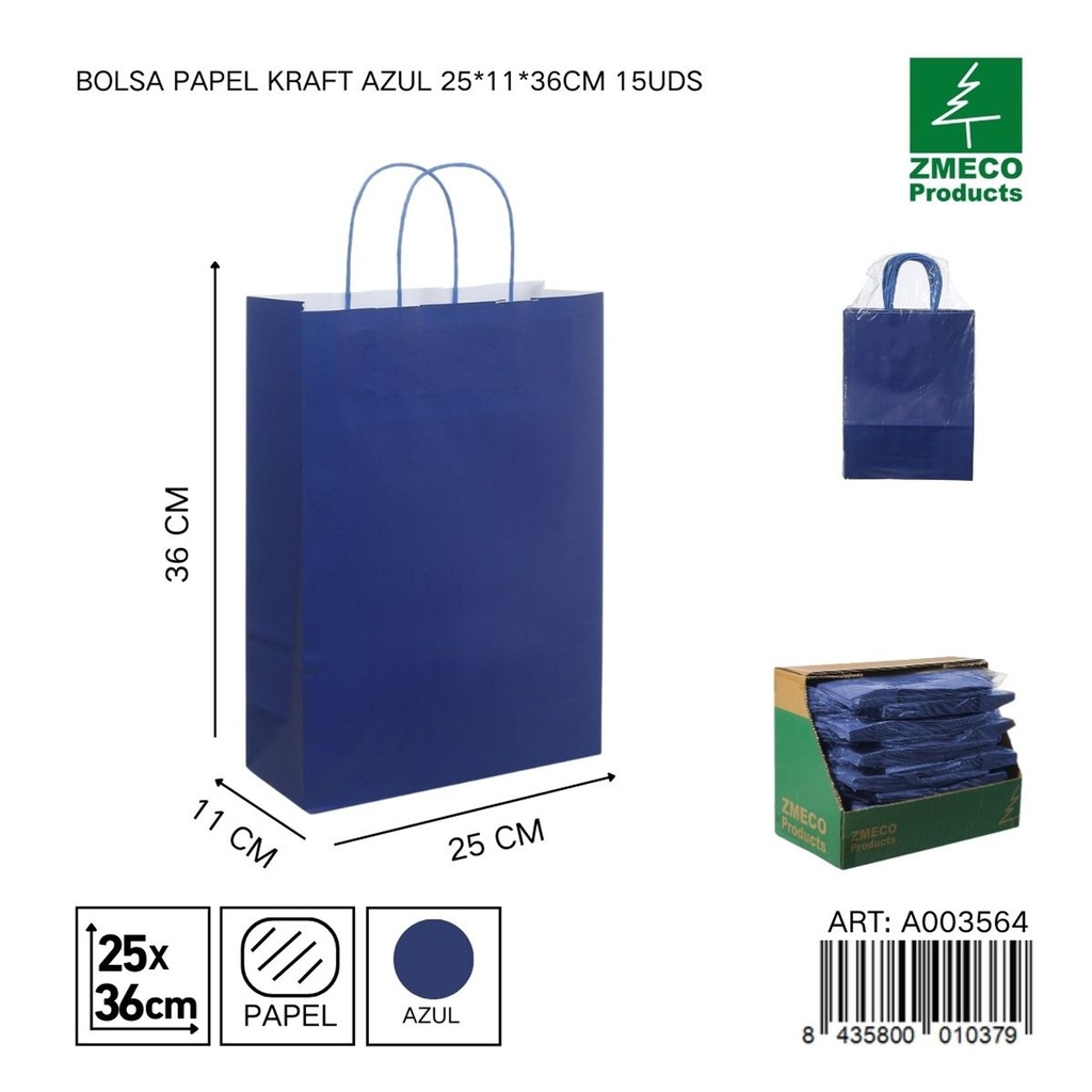 Bolsa papel kraft azul 25x11x36 cm 15 uds - Embalaje y productos de papel