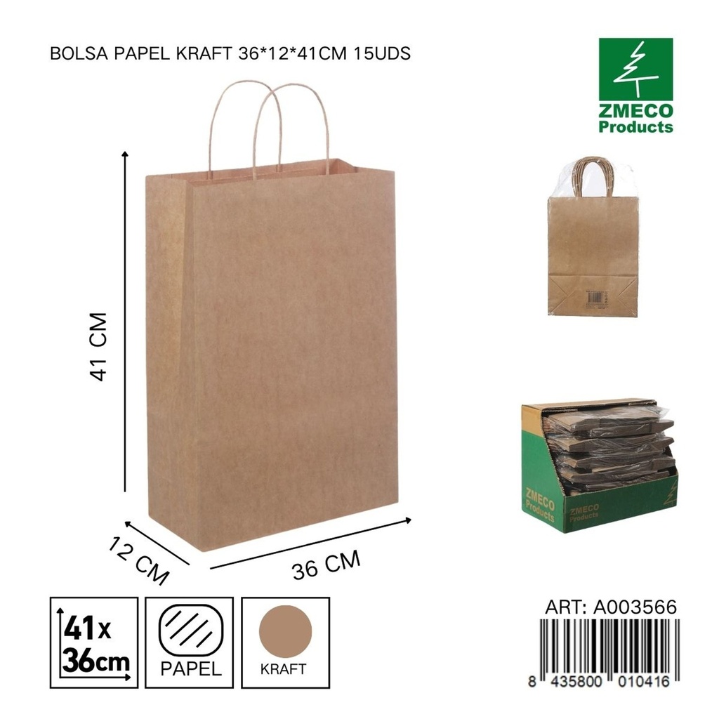 Bolsa de papel kraft 15 unidades 36*12*41 cm - Envíos y embalajes 
