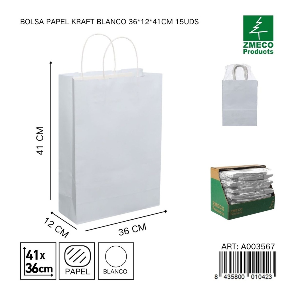 Bolsa papel kraft blanco 36x12x41 cm 15 uds - Embalaje y productos de papel