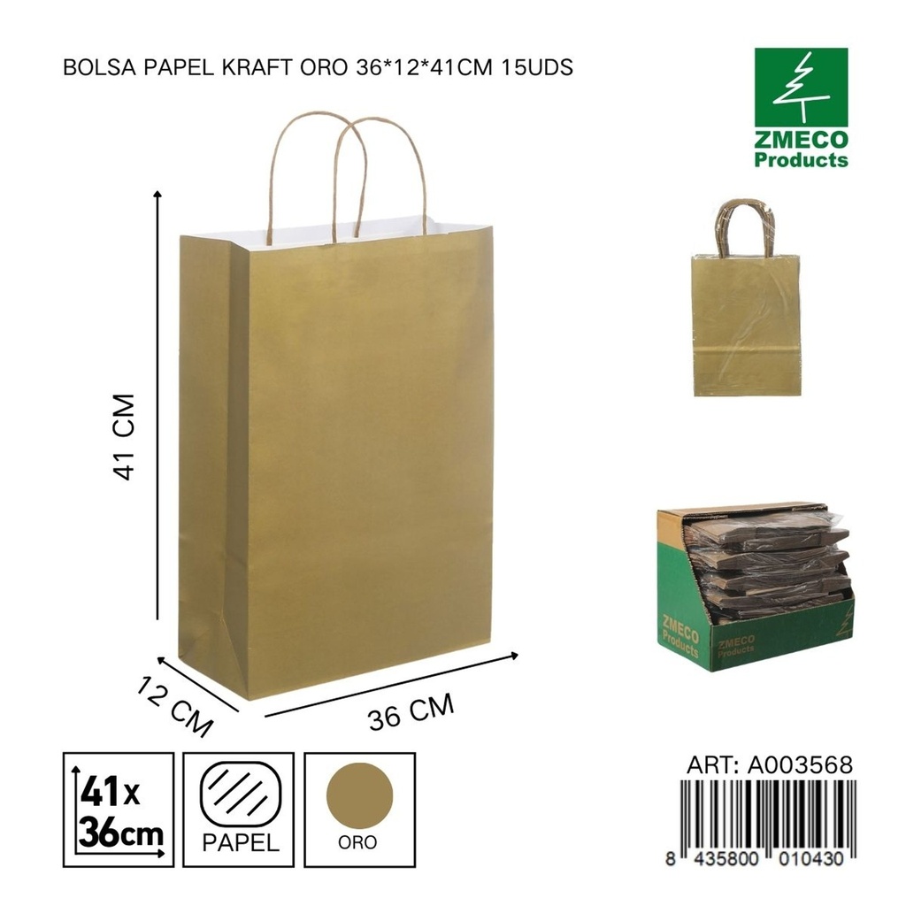 Bolsa papel kraft oro 36x12x41 cm 15 uds - Embalaje y productos de papel