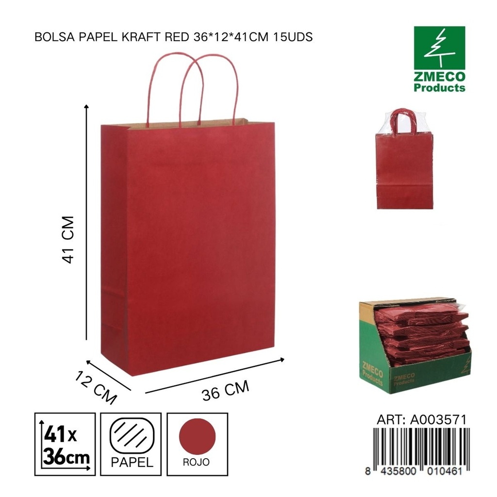 Bolsa papel kraft rojo 36x12x41 cm 15 uds - Embalaje y productos de papel
