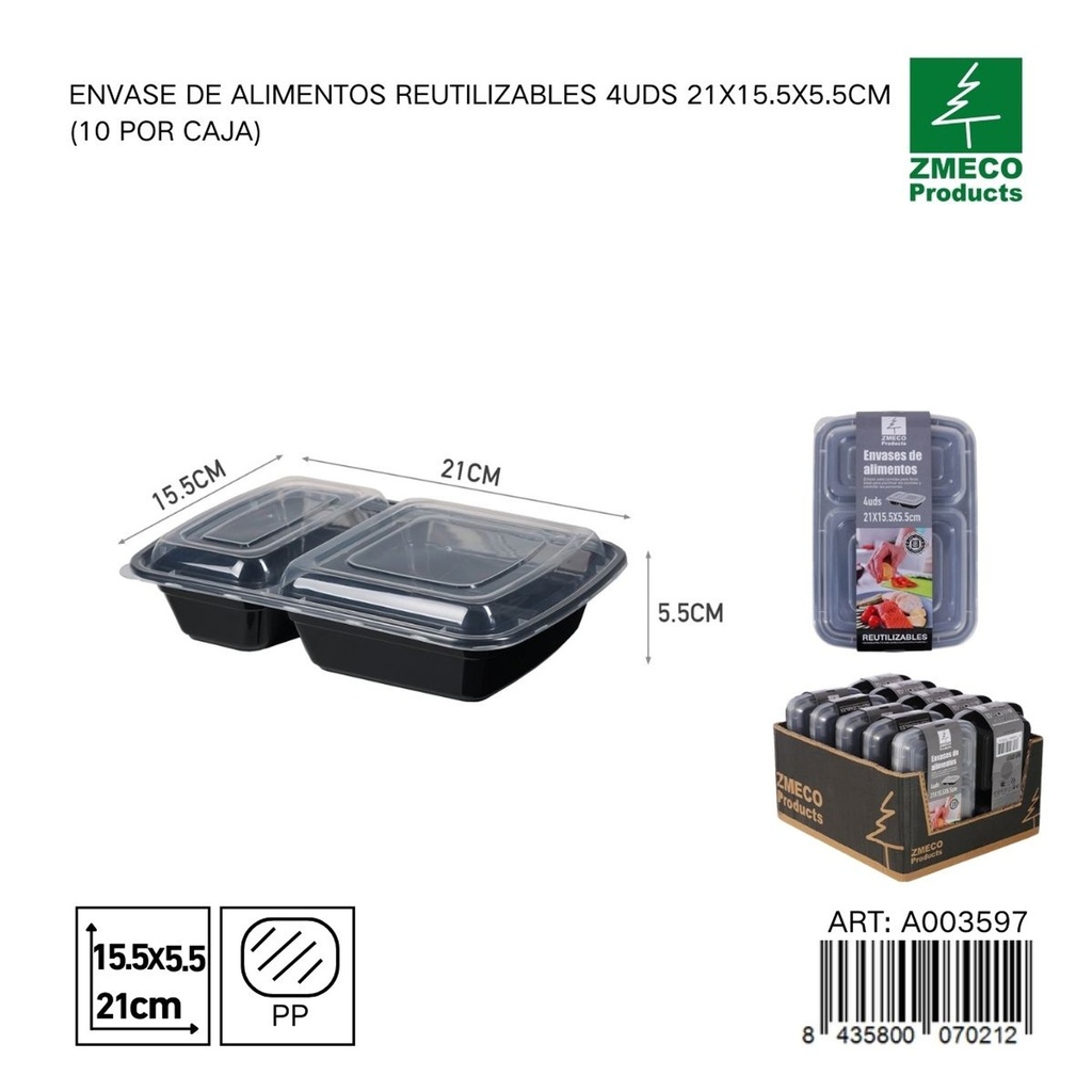 Envase de alimento reutilizable 4 unidades 21X15.5X5.5 cm - Almacenamiento en cocina