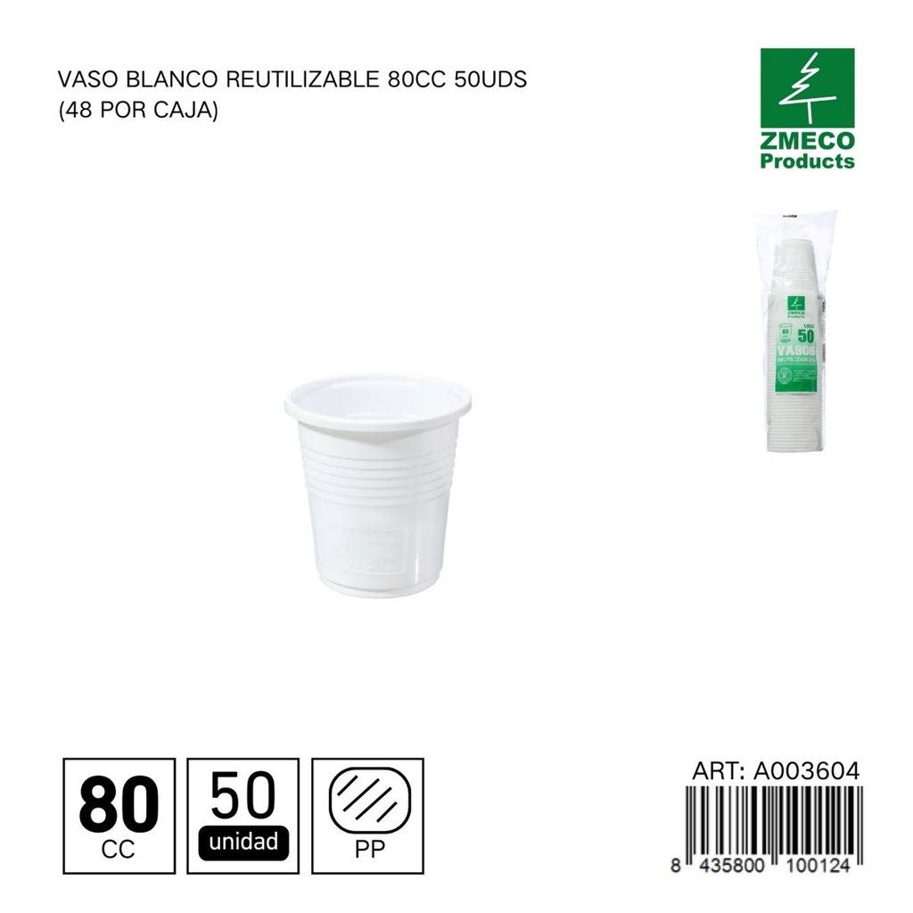 Vaso blanco reutilizable 80 cc - Paquete de 50 unidades