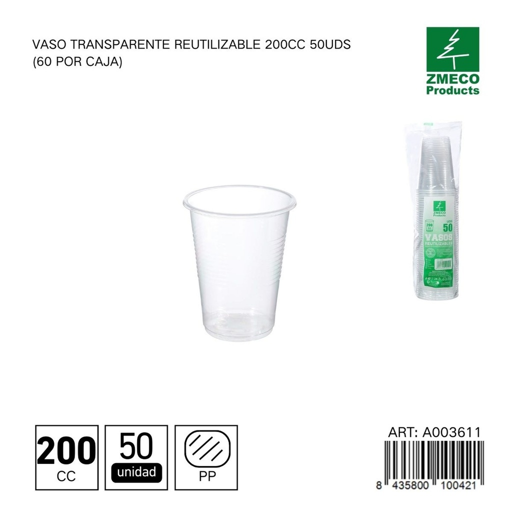 Vaso transparente reutilizable 200 cc - Paquete de 50 unidades