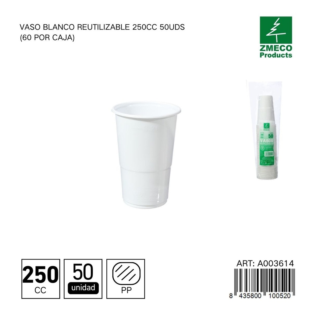 Vaso blanco reutilizable 250 cc - Paquete de 50 unidades