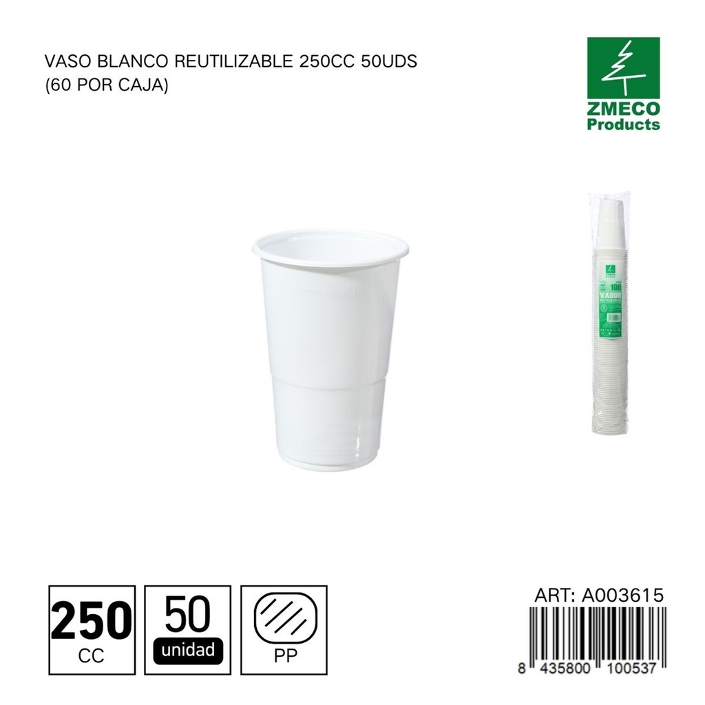 Vaso blanco reutilizable 250 cc - Paquete de 100 unidades