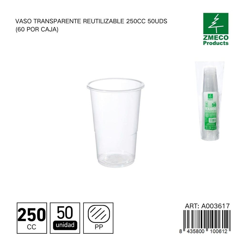 Vaso transparente reutilizable 250 cc - Paquete de 50 unidades