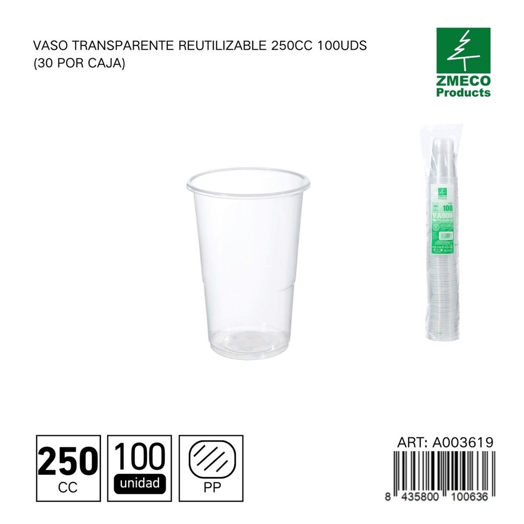 Vaso transparente reutilizable 250 cc - Paquete de 100 unidades