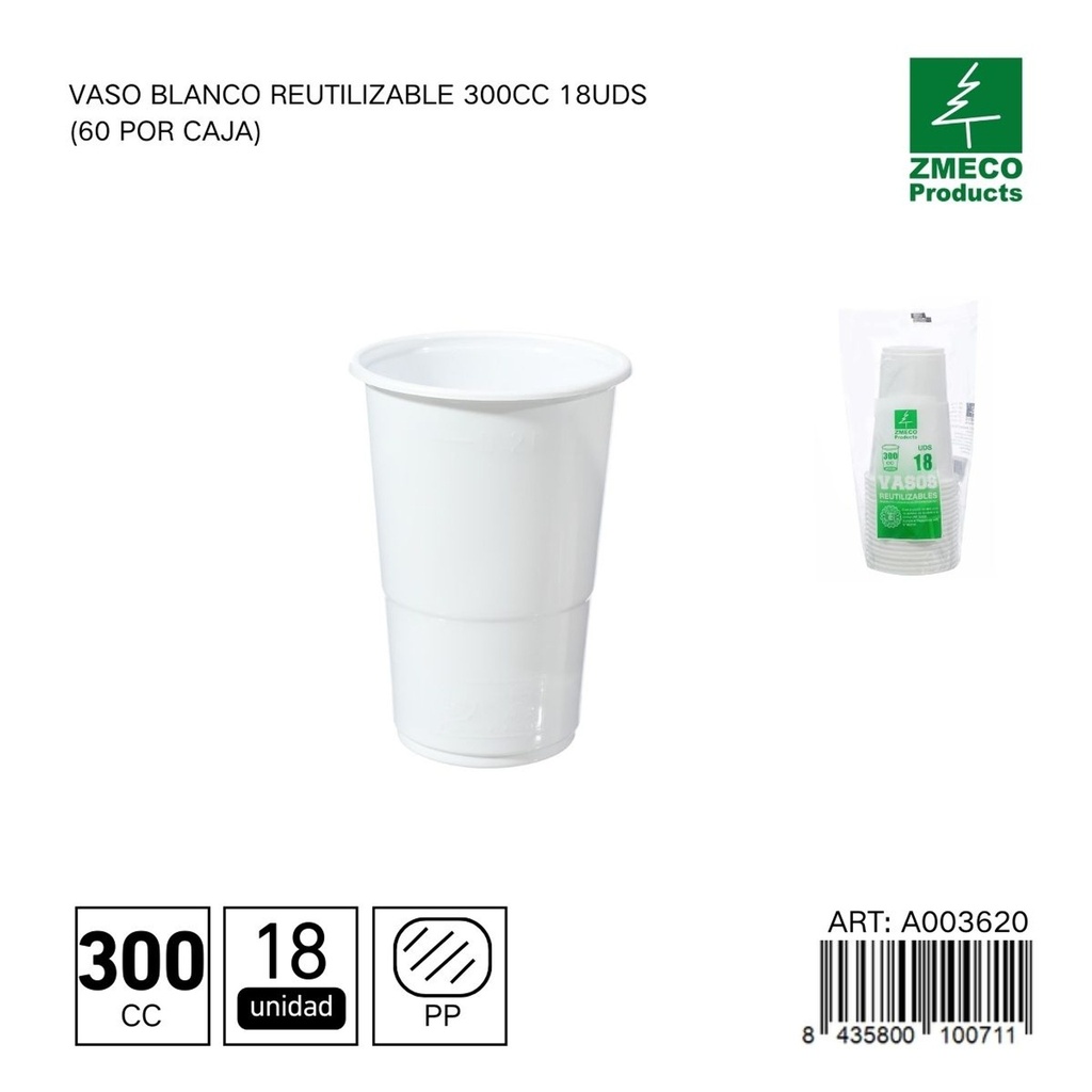 Vaso blanco reutilizable 300 cc - Paquete de 18 unidades