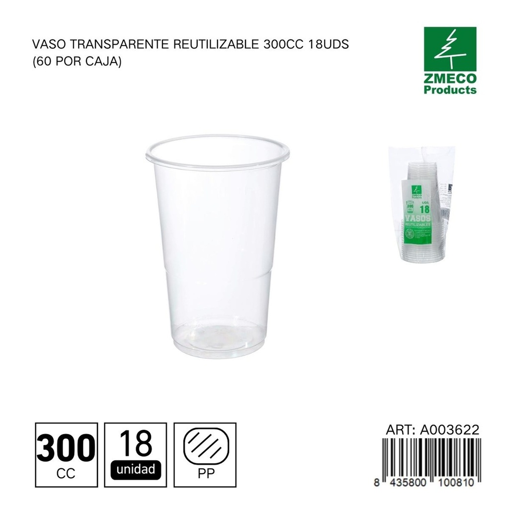 Vaso transparente reutilizable 300 cc - Paquete de 18 unidades