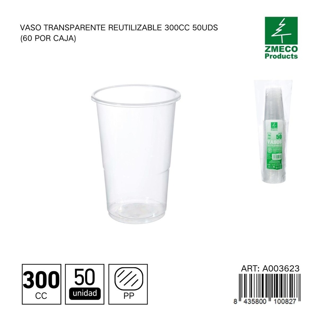 Vaso transparente reutilizable 300 cc - Paquete de 50 unidades