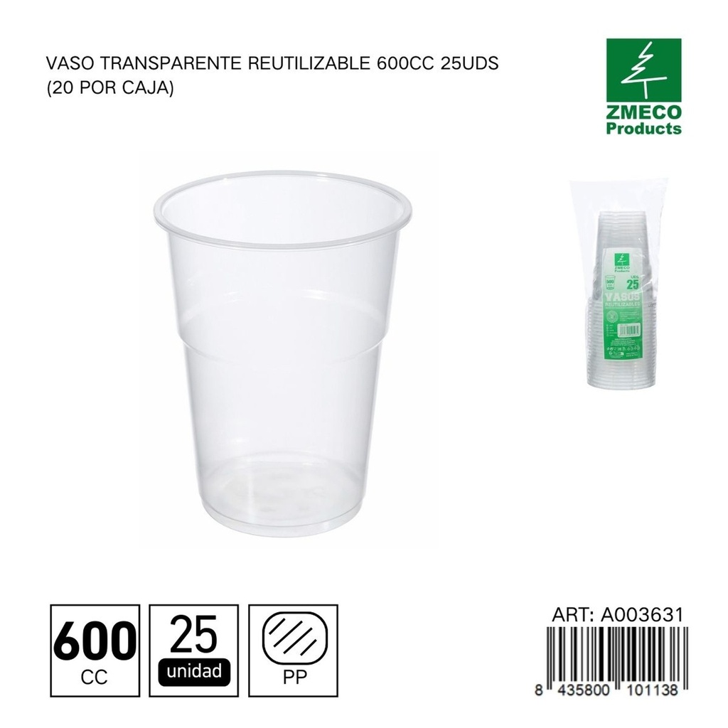 Vaso transparente reutilizable 600 cc - Paquete de 25 unidades
