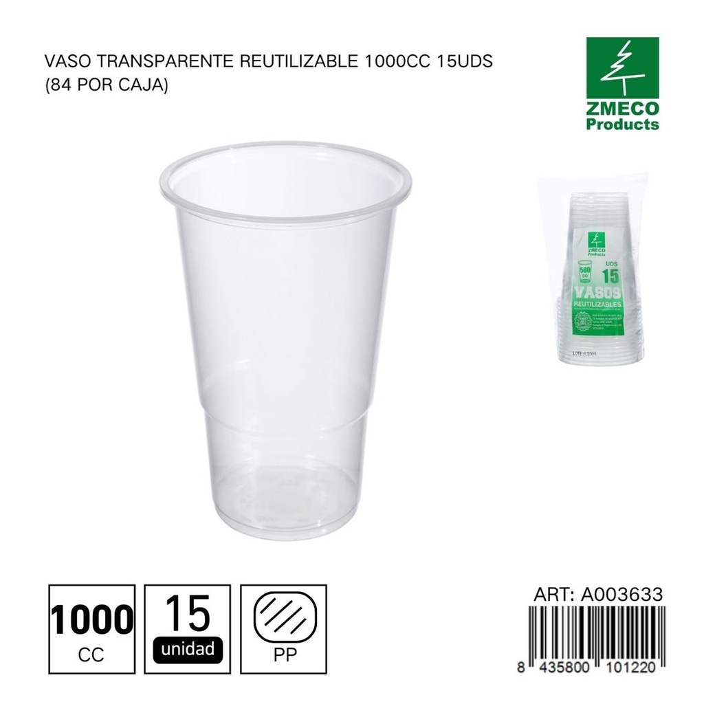 Vaso transparente reutilizable 1000 cc - Paquete de 15 unidades