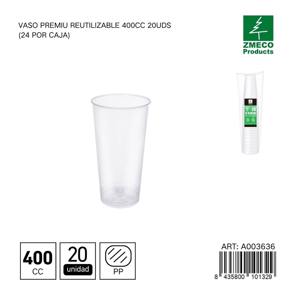 Vaso premium reutilizable 400 cc - Paquete de 20 unidades