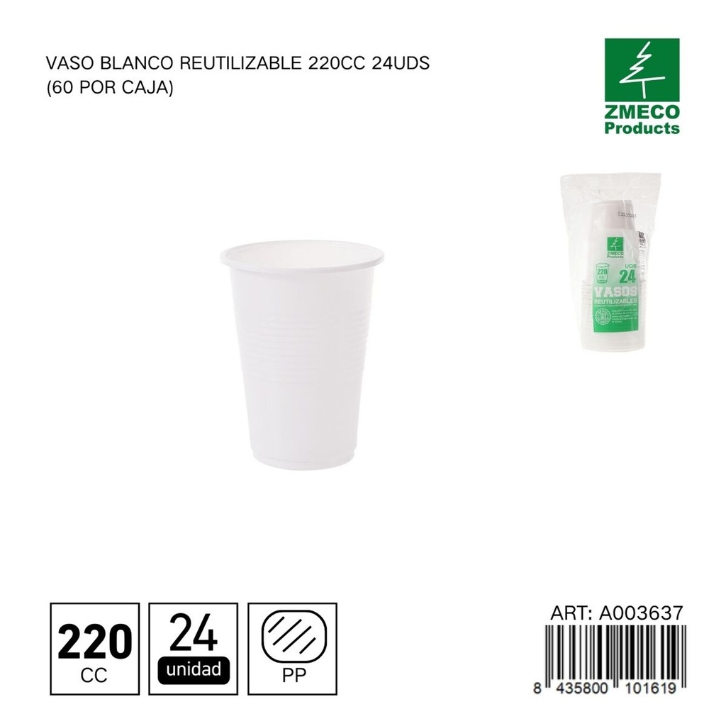 Vaso blanco reutilizable 220 cc - Paquete de 24 unidades