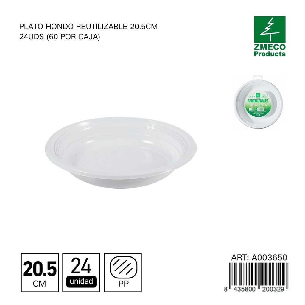 Plato hondo reutilizable 20.5 cm - Paquete de 24 unidades