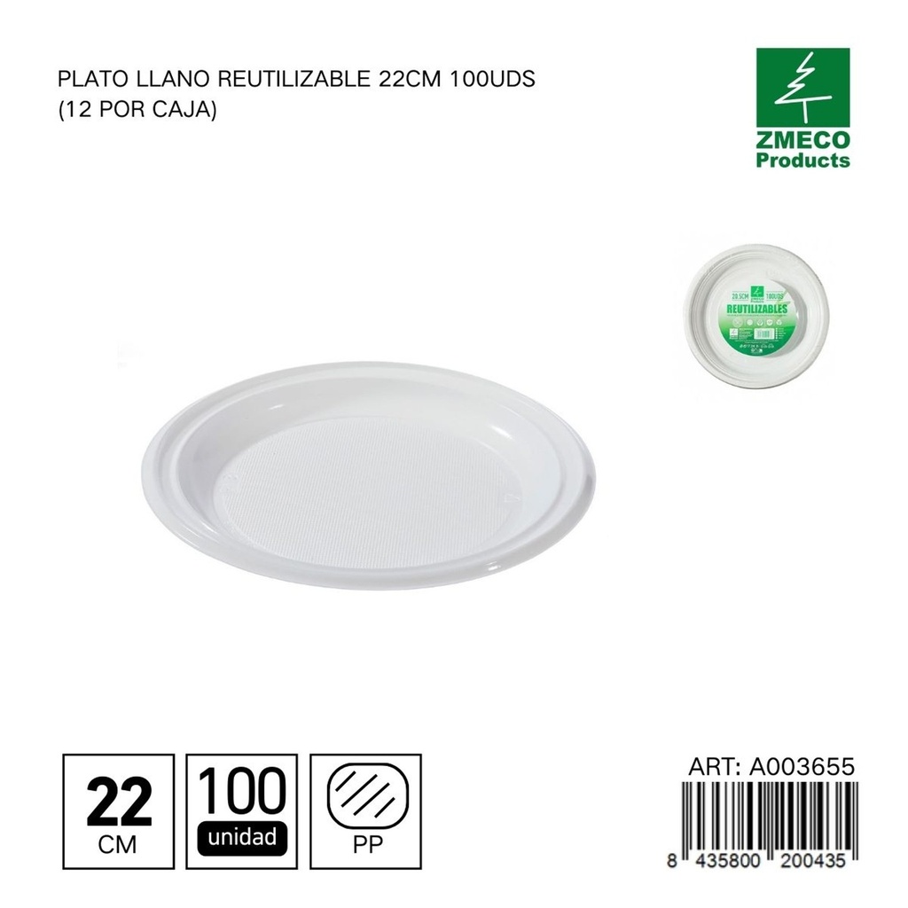 Plato llano reutilizable 22cm 100 uds - Accesorios desechables para el hogar