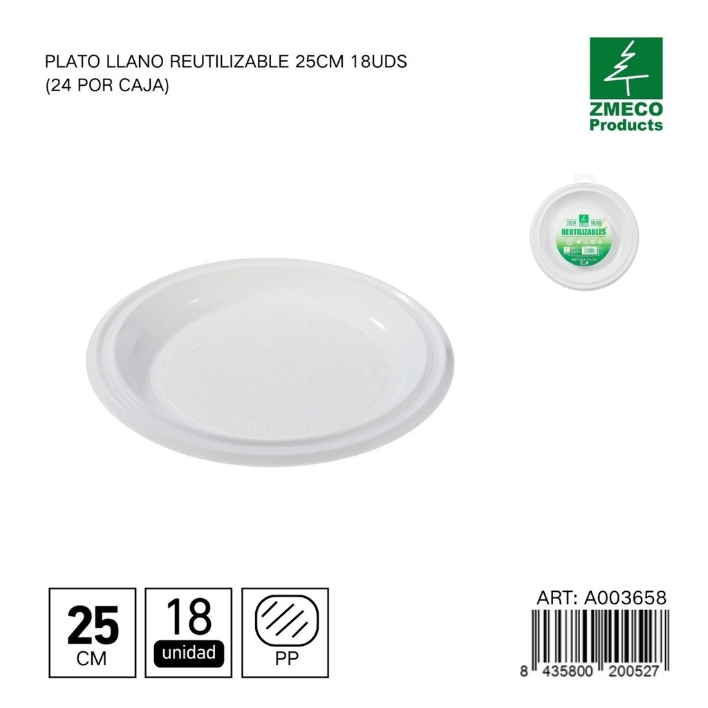 Plato llano reutilizable 25 cm - Paquete de 18 unidades