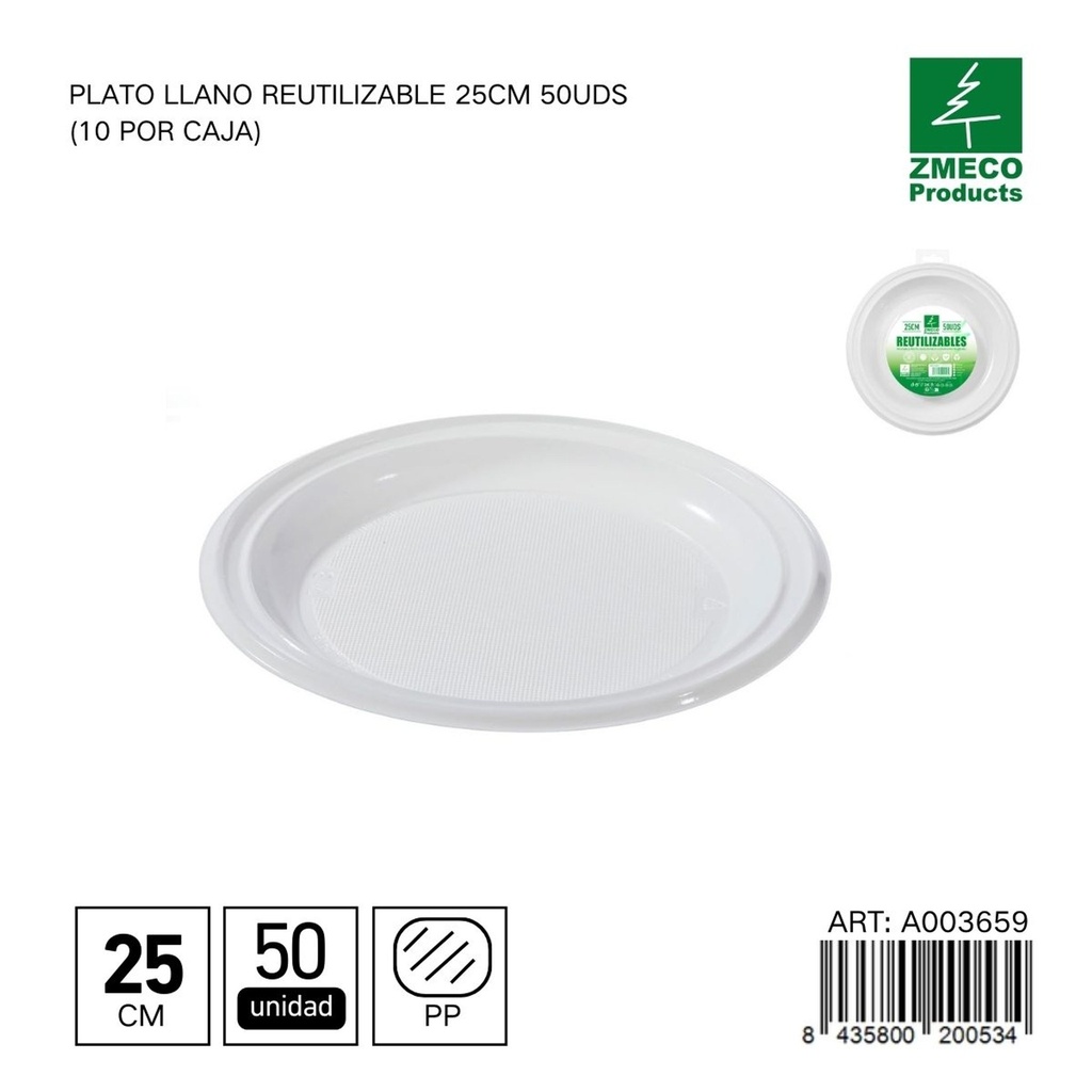 Plato llano reutilizable 25 cm - Paquete de 50 unidades