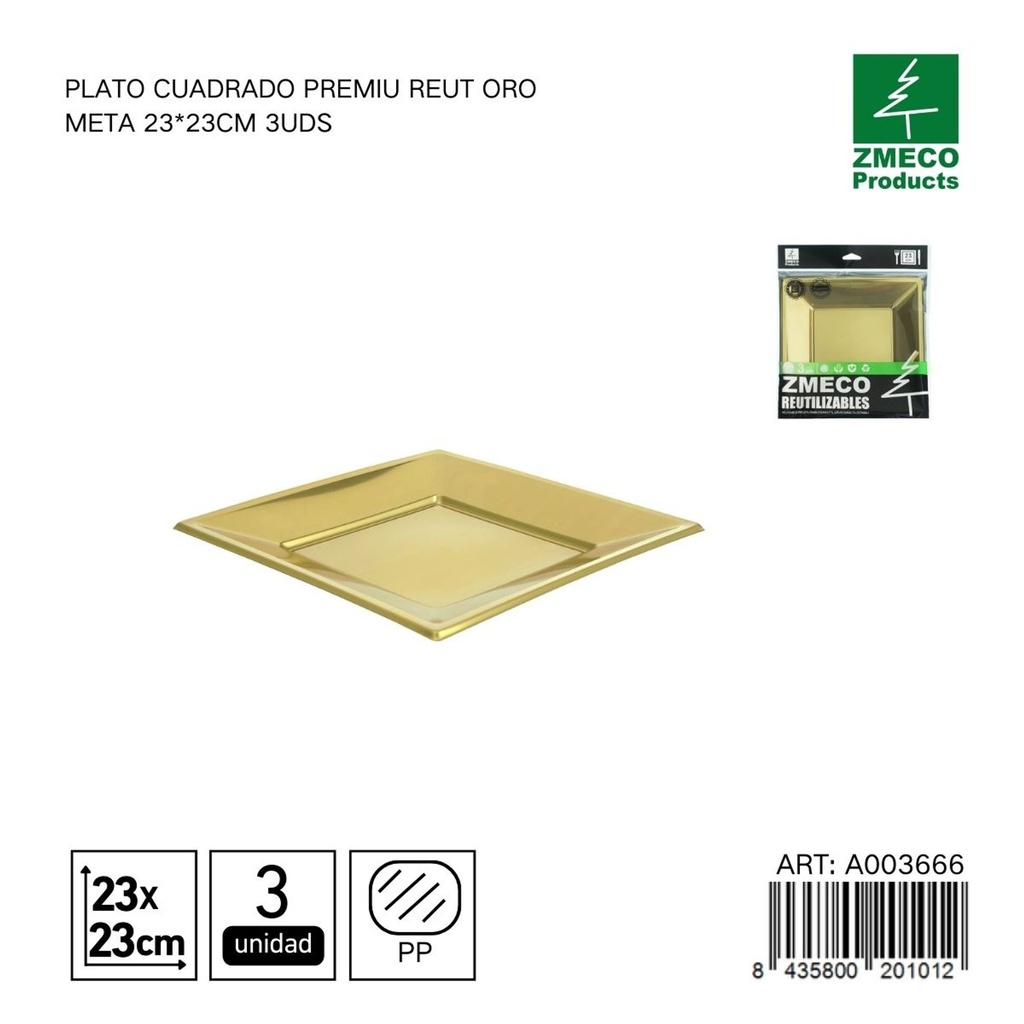 Plato cuadrado premium reutilizable oro metal 23x23 cm - Paquete de 3 unidades