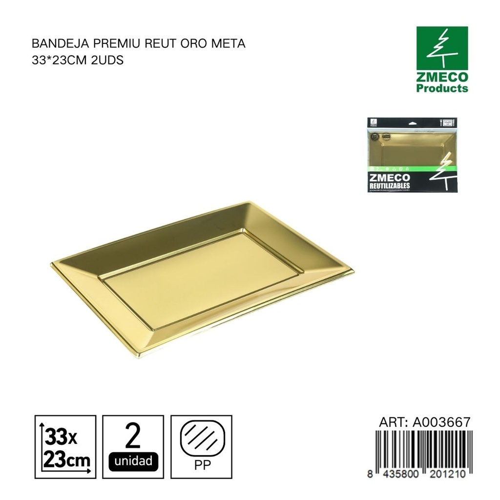 Bandeja premium reutilizable oro metal 33x23 cm - Paquete de 2 unidades