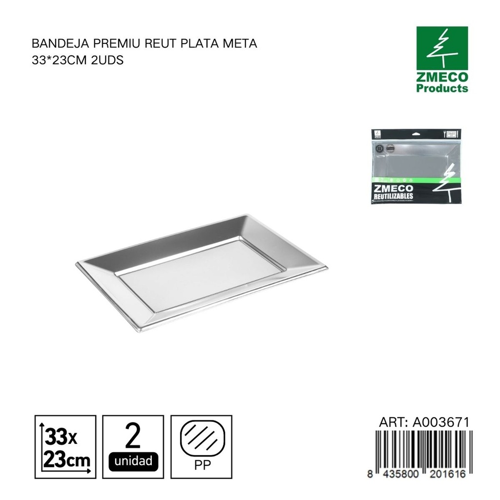 Bandeja premium reutilizable plata metal 33x23 cm - Paquete de 2 unidades