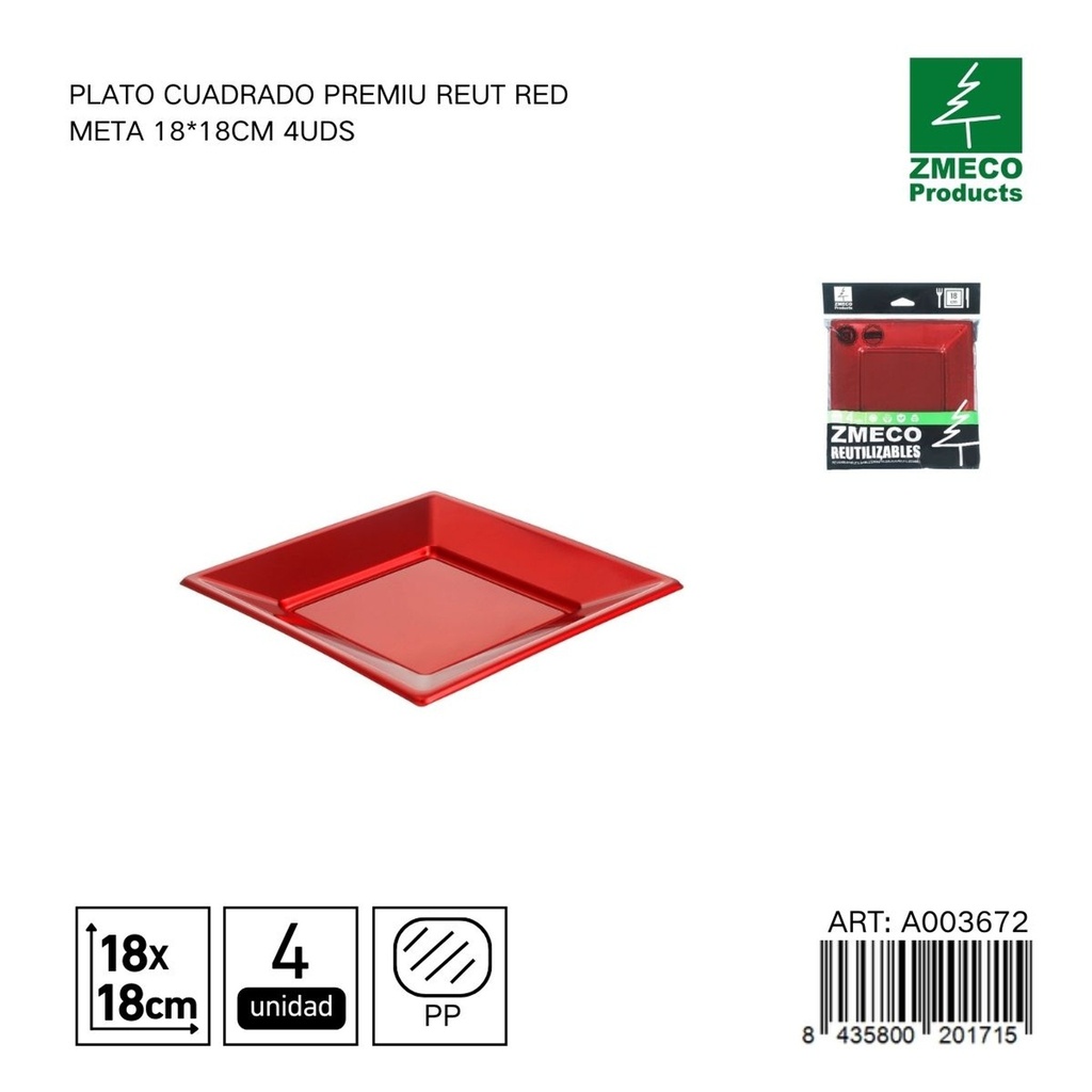 Plato cuadrado premium reutilizable rojo metal 18x18 cm - Paquete de 4 unidades