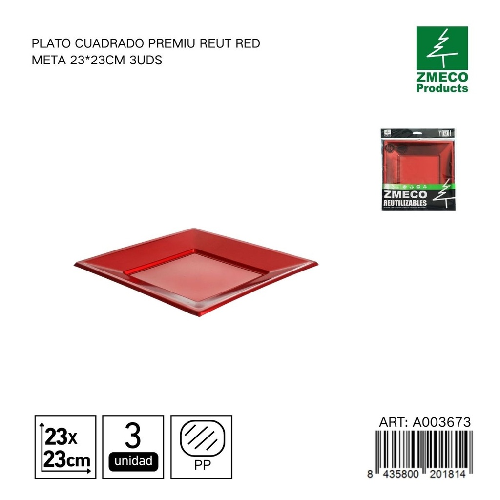 Plato cuadrado premium reutilizable rojo metal 23x23 cm - Paquete de 3 unidades