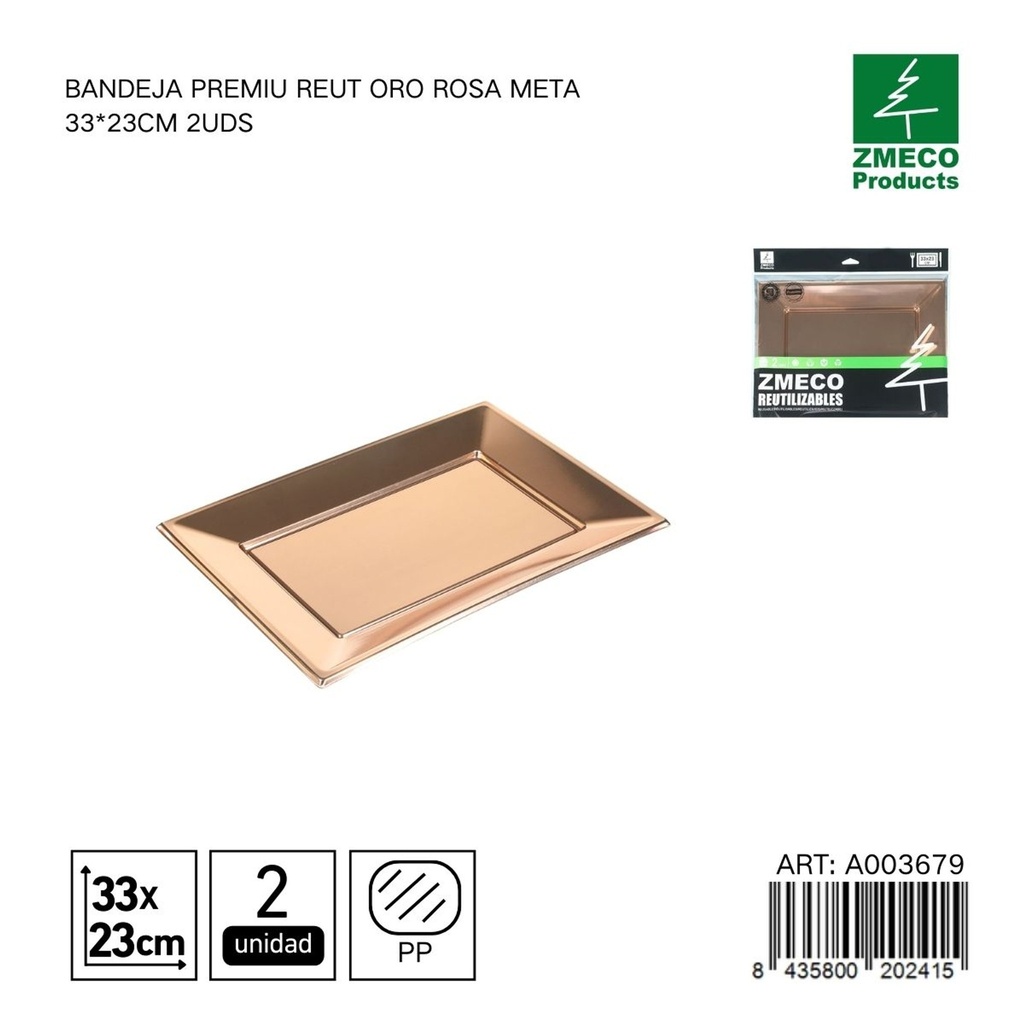Bandeja premium reutilizable oro rosa metal 33x23 cm - Paquete de 2 unidades