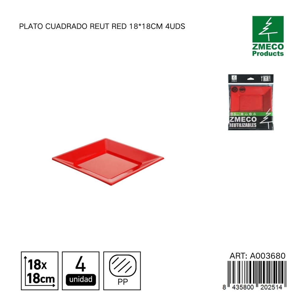 Plato cuadrado reutilizable rojo 18x18 cm - Paquete de 4 unidades