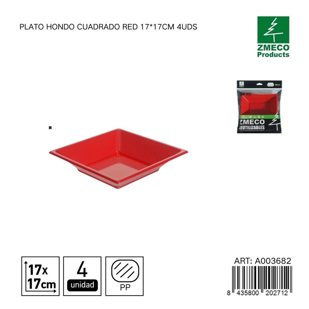 Plato hondo cuadrado reutilizable rojo 17x17 cm - Paquete de 4 unidades