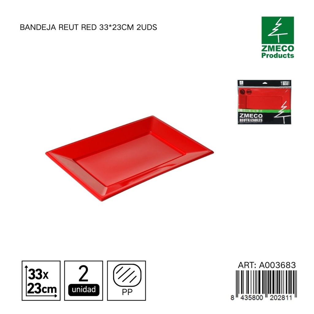 Bandeja reutilizable roja 33x23 cm - Paquete de 2 unidades