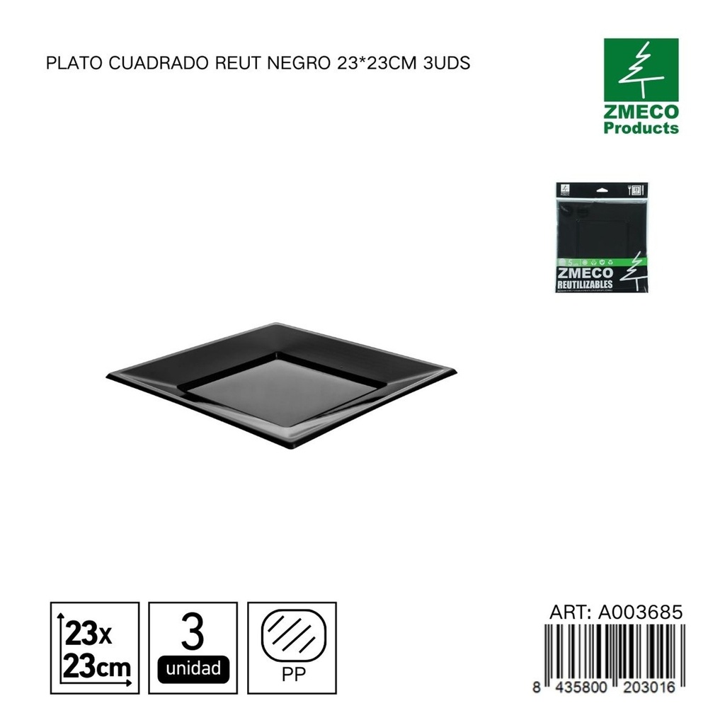 Plato cuadrado reutilizable negro 23x23 cm - Paquete de 3 unidades