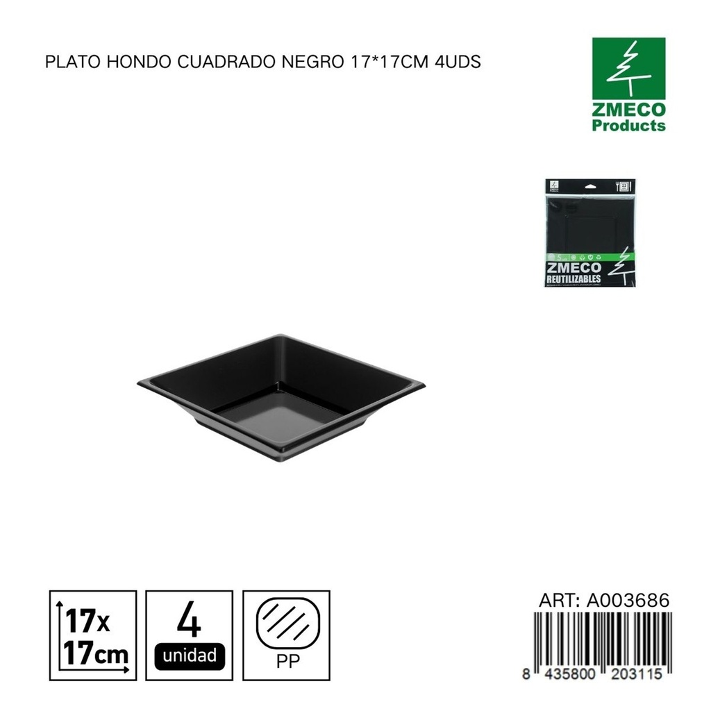 Plato hondo cuadrado reutilizable negro 17x17 cm - Paquete de 4 unidades