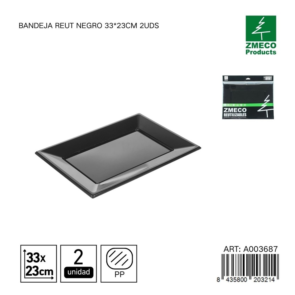 Bandeja reutilizable negra 33x23 cm - Paquete de 2 unidades