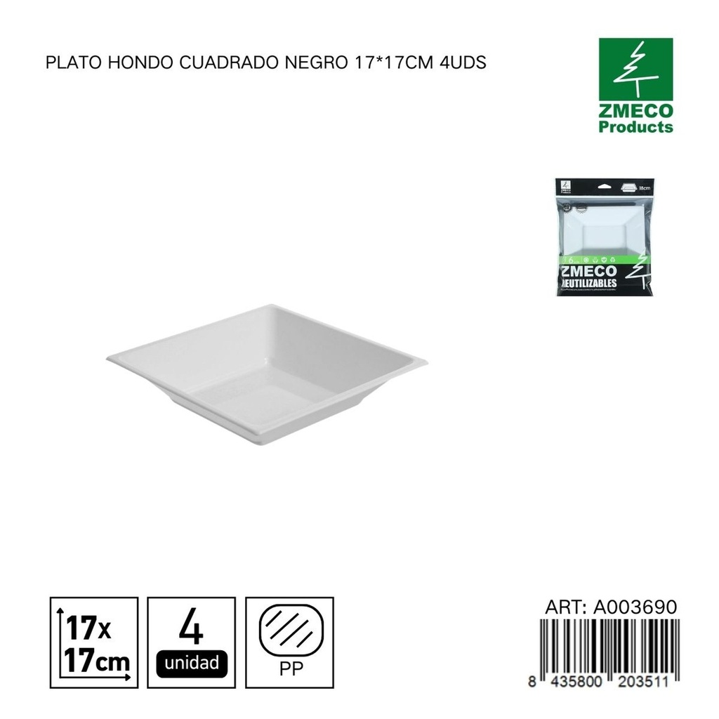 Plato hondo cuadrado reutilizable negro 17x17 cm - Paquete de 4 unidades
