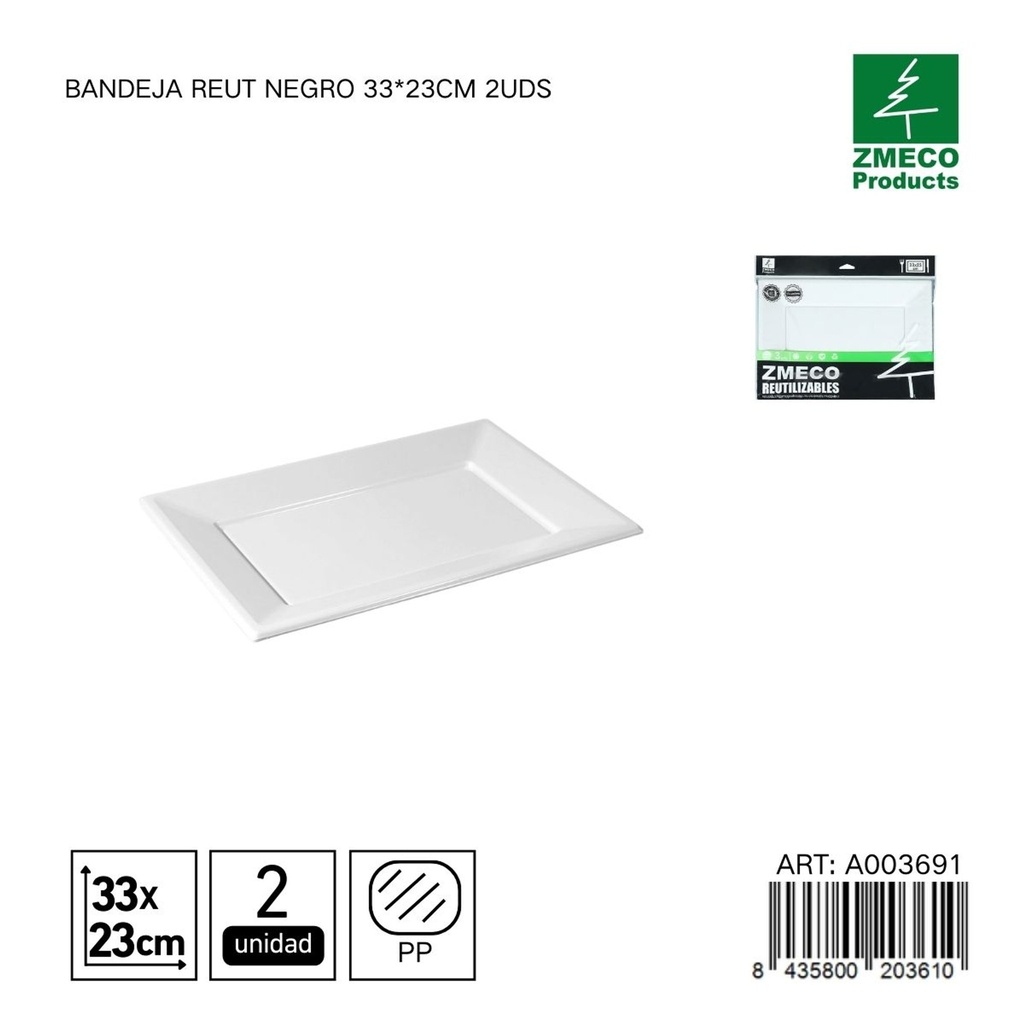 Bandeja reutilizable negra 33x23 cm - Paquete de 2 unidades