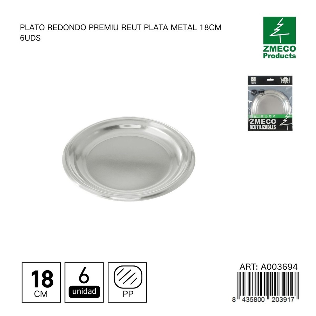 Plato redondo premium reutilizable plata metal 18 cm - Paquete de 6 unidades
