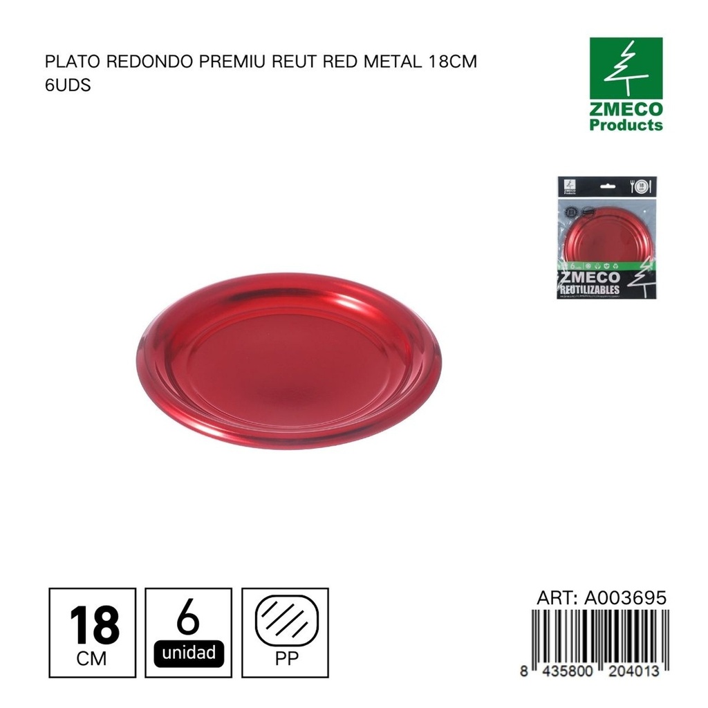 Plato redondo premium reutilizable rojo metal 18 cm - Paquete de 6 unidades