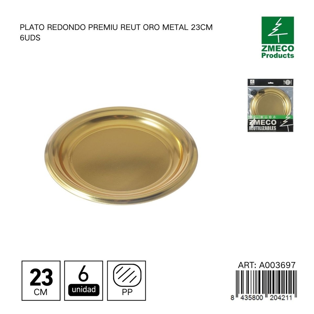 Plato redondo premium reutilizable oro metal 23 cm - Paquete de 6 unidades