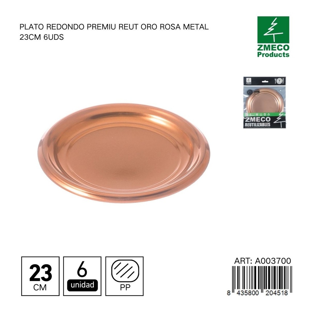 Plato redondo de plástico Premium reutilizable oro rosa 23cm - Utensilios desechables y cocina
