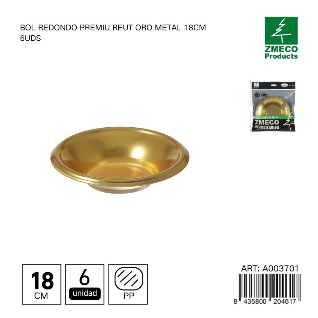 Bol redondo de plástico Premium reutilizable oro 18cm - Utensilios desechables para cocina