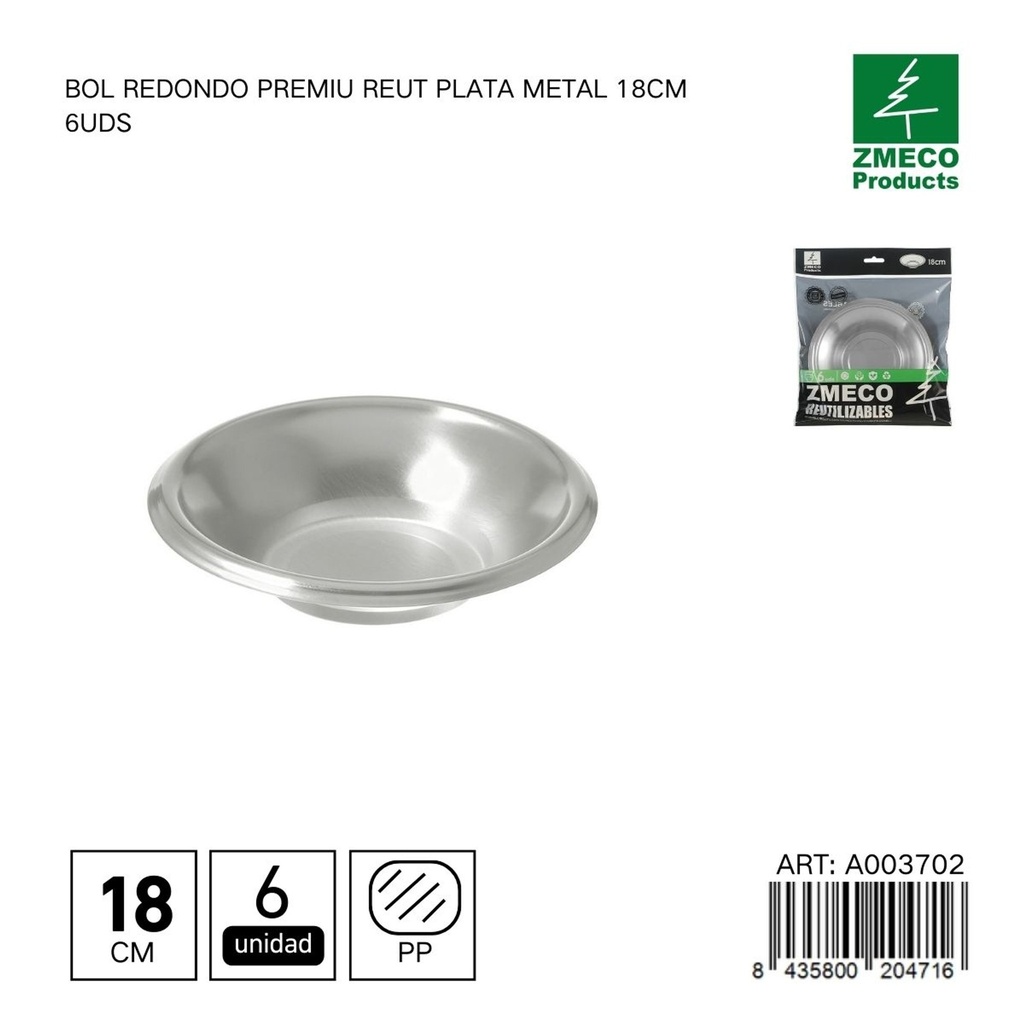 Bol redondo de plástico Premium reutilizable plata 18cm - Utensilios desechables para cocina