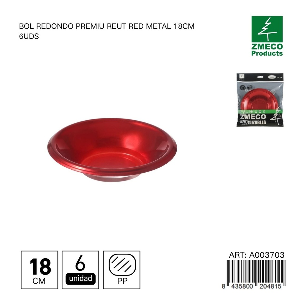Bol redondo de plástico Premium reutilizable rojo 18cm - Utensilios desechables para cocina